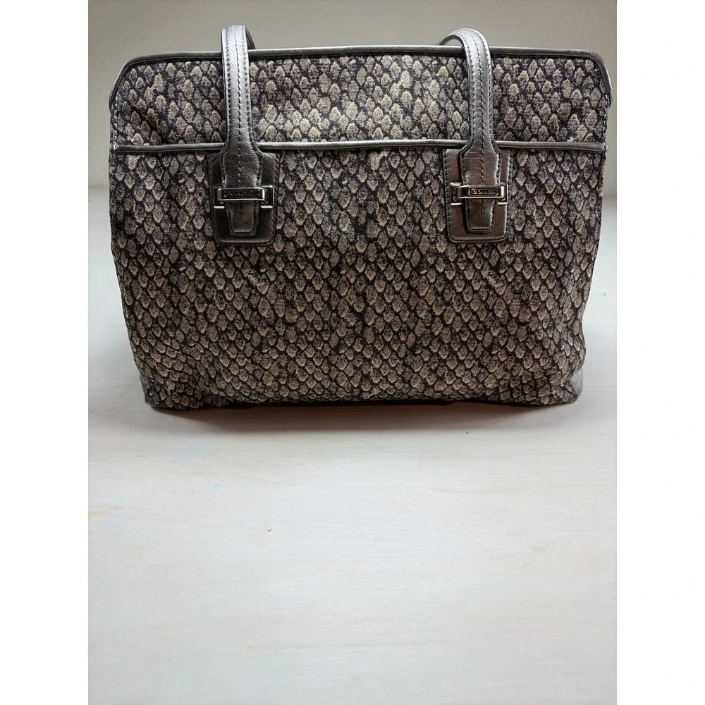 Coach Snakeskin Print Canvas Metallic Leather Trim Shoulder Bag Tote Pewter